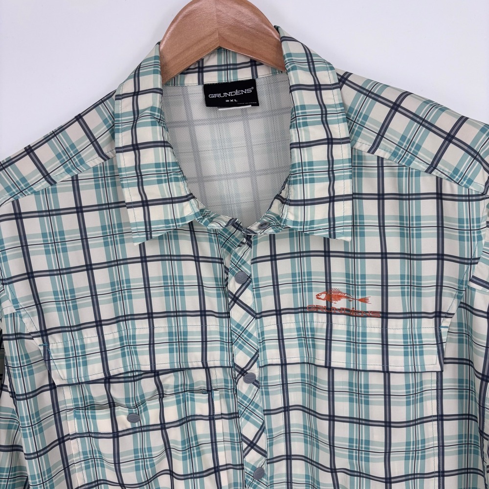 Grundens Fishing Shirt Men 2XL Green Plaid Short Sleeve Performance Snap Logo